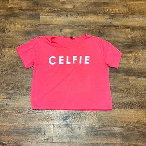 H&M | Divided Hot Pink Neon Word Graphic ‘Celfie’ Crop Top Tee L